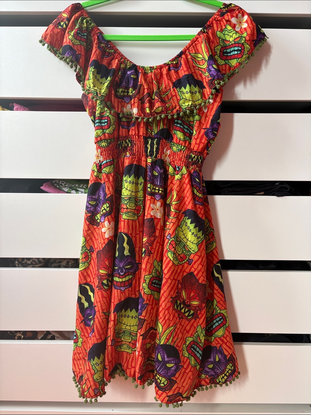 Sourpuss Orange Tiki Monster Mask Off-Shoulder Midi Dress